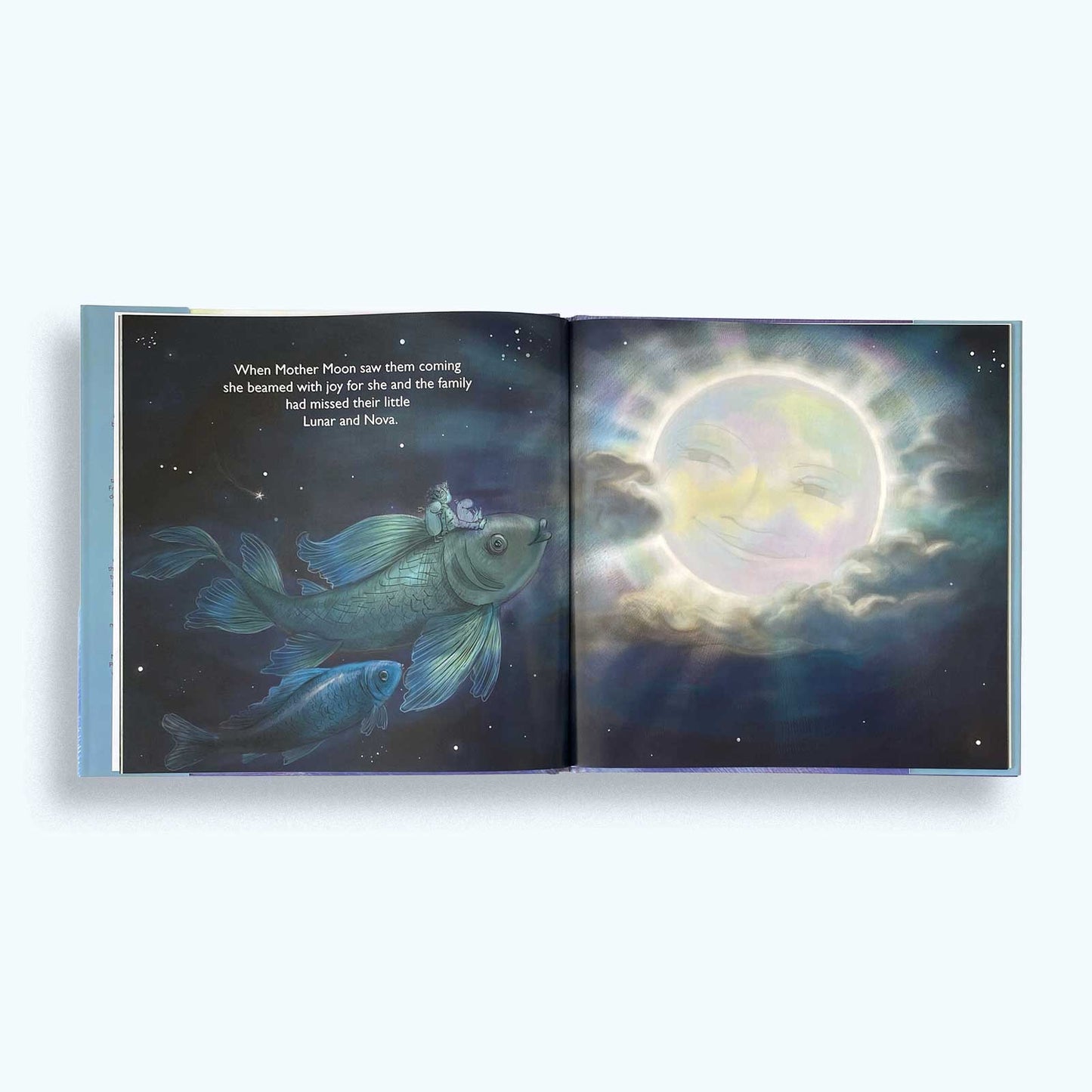 Open book with illustrations of a flying fish and a moonlit sky, with the main characters sitting on the back of the fish