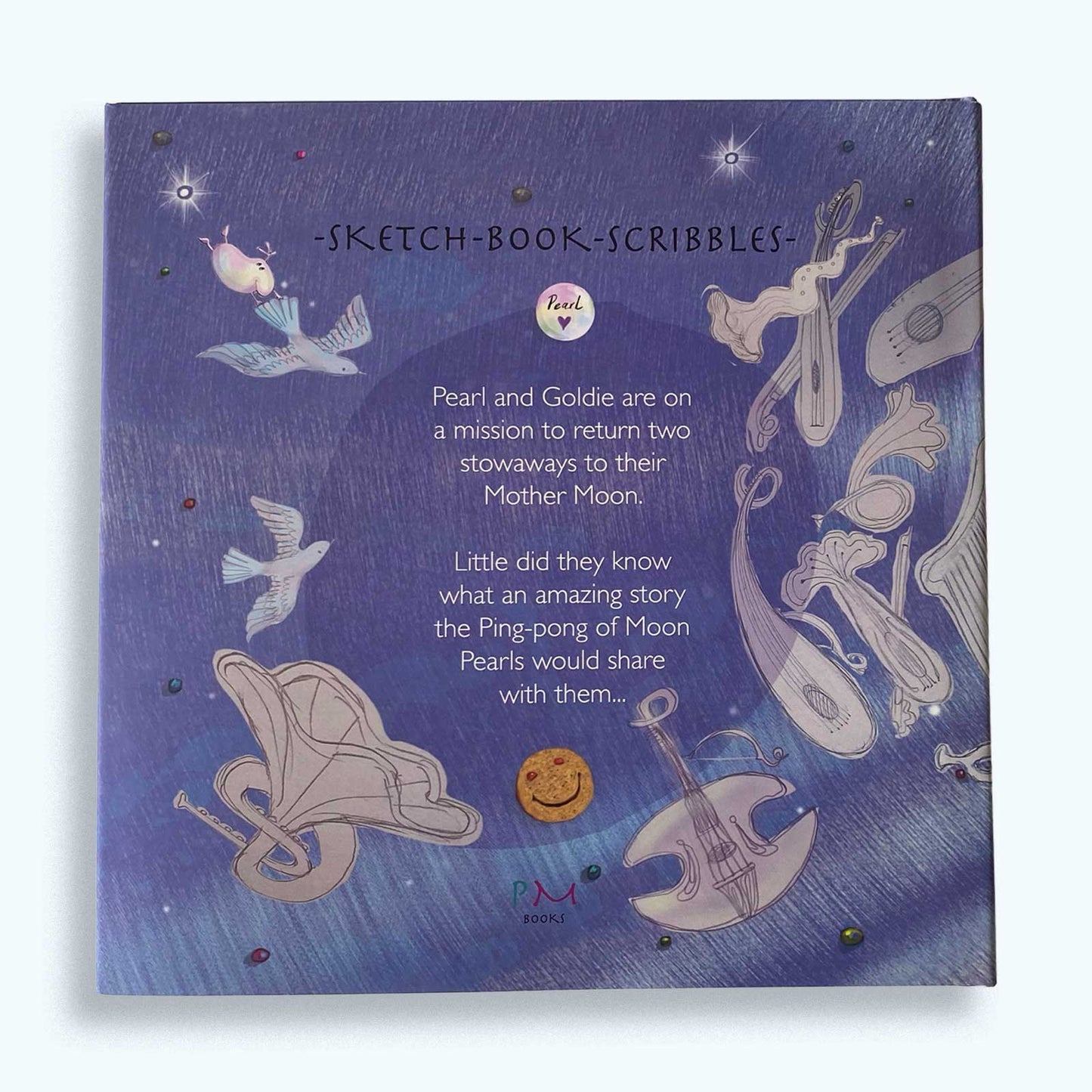 Book cover with illustrations of musical instruments and the blurb of Mother Moon (a childrens picture book)