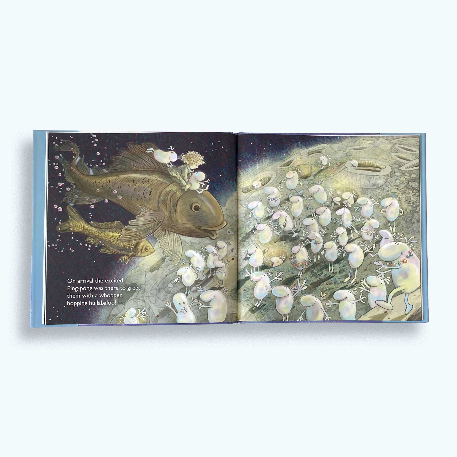 Open book showing two illustrated pages with a giant fish and small creatures called Moon Pearls on the Moon